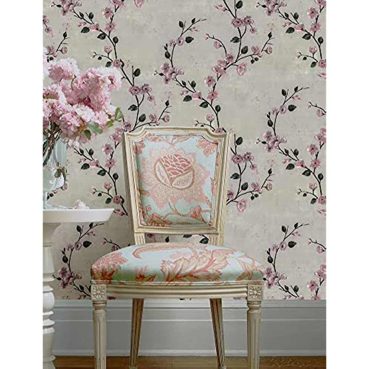 Papel de parede floral com casca e bastão, flor de ameixa rosa, removível, autoadesivo, forro de prateleira, filme de vinil para decoração