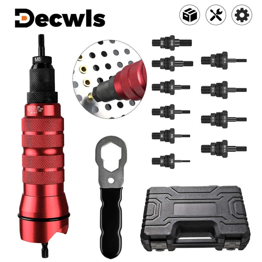 Machine à riveter adaptateur de pistolet à écrou de rivet électrique domestique métrique M3 M4 M5 M6 M8 M10 + impérial 1/4-20 10-24 10-32 8-32, outil de rivetage d'écrou d'insertion sans fil de haute qualité