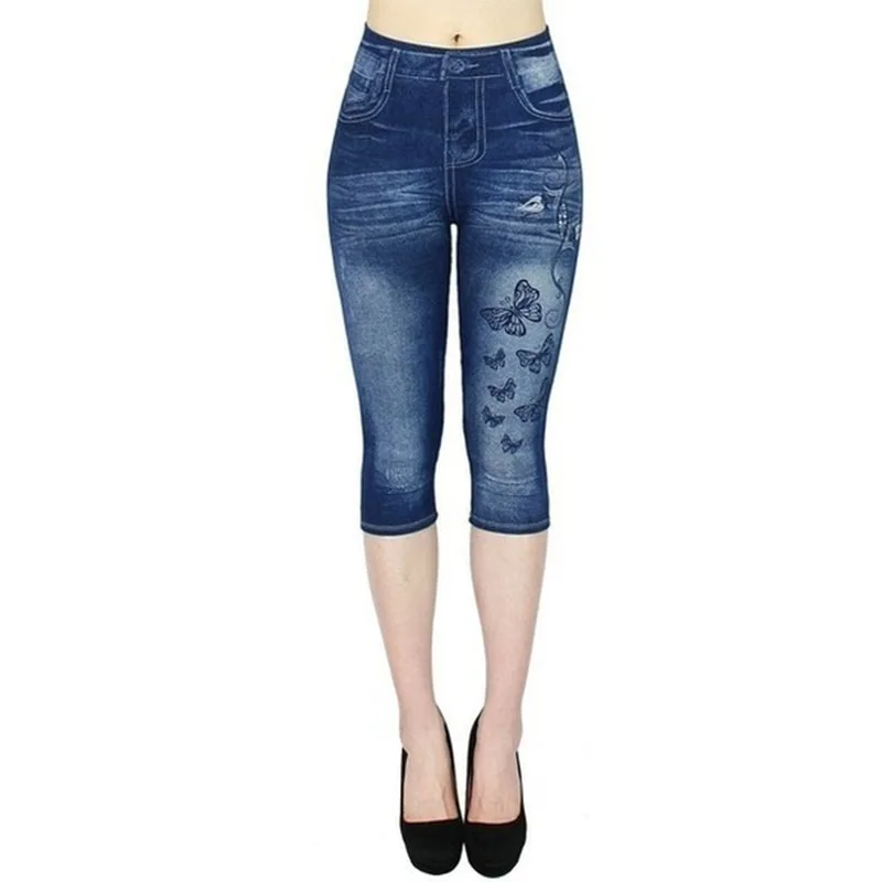 Mallas vaqueras de imitación con estampado para mujer, pantalones cortos elásticos ajustados para correr al aire libre, caminar, mallas de cintura alta a la moda