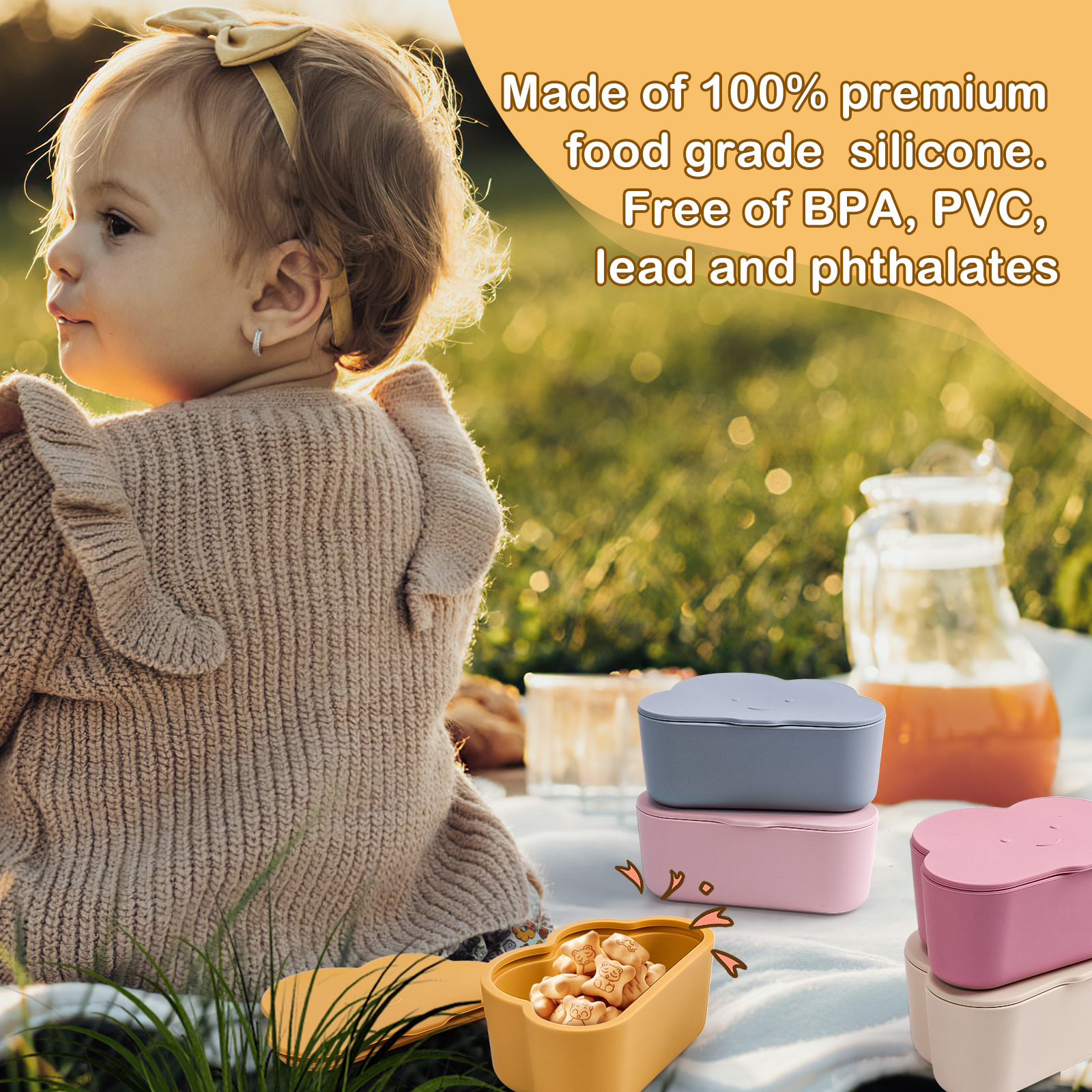 TYRY HU-caja de almacenamiento de alimentos de silicona para niños, sin BPA, Color sólido, taza de aperitivos para bebés, contenedor de aperitivos portátil para niños con tapa