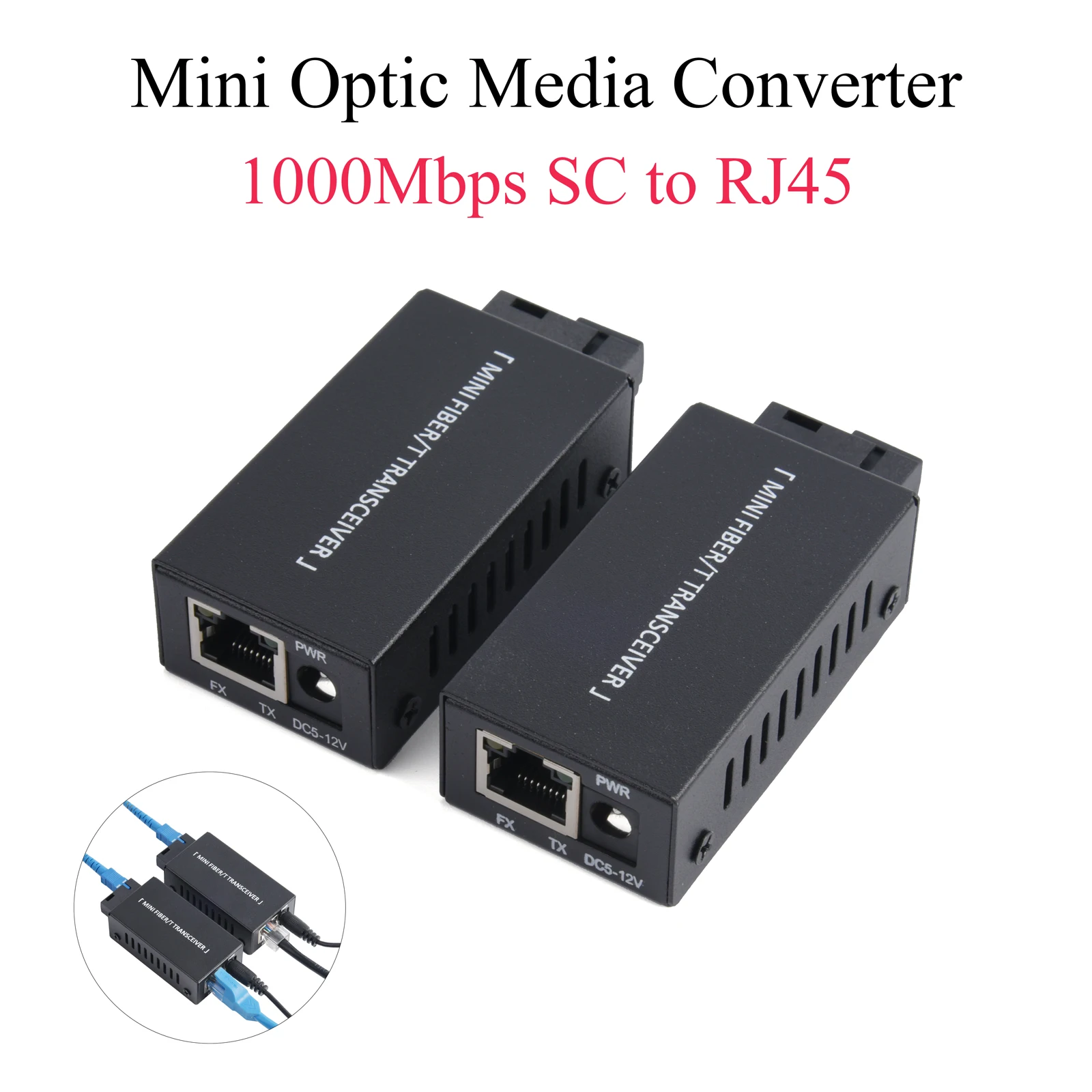 1 Paar Mini-Gigabit-Faser-Medienkonverter 100/1000 Mbit/s Glasfaser-Transceiver SC auf RJ45-Ethernet-Switch 20 km mit Netzteil
