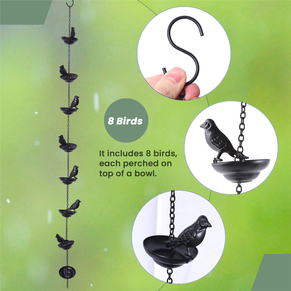 ABFA Mobile Birds on Cups Rain Chain for Outside, Rain Chains for Gutters Downspouts Rain Chain for Home,9x7x80cm