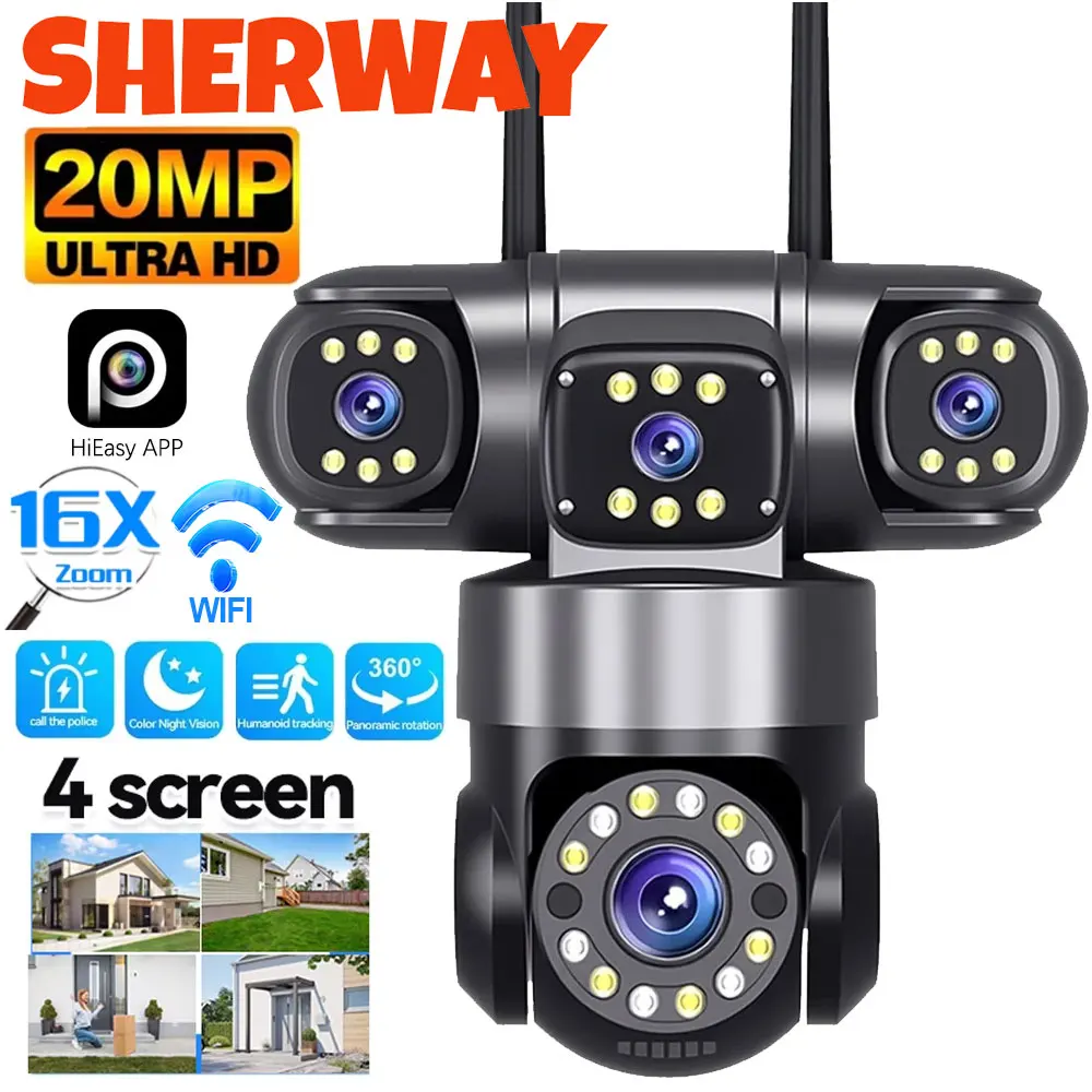 10K 20MP Seguridad en el hogar Cámara WiFi al aire libre 4 lentes 4 pantalla 360 °   Protección de seguridad de la cámara PTZ de vigilancia inalámbrica CCTV con zoom 16X