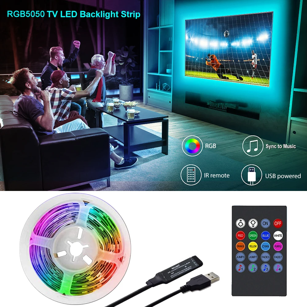 ทีวีแบ็คไลท์เพลงซิงค์ USB ขับเคลื่อน RGB LED Strip Light สําหรับทีวี 15 - 80 นิ้ว, กระจก, พีซี