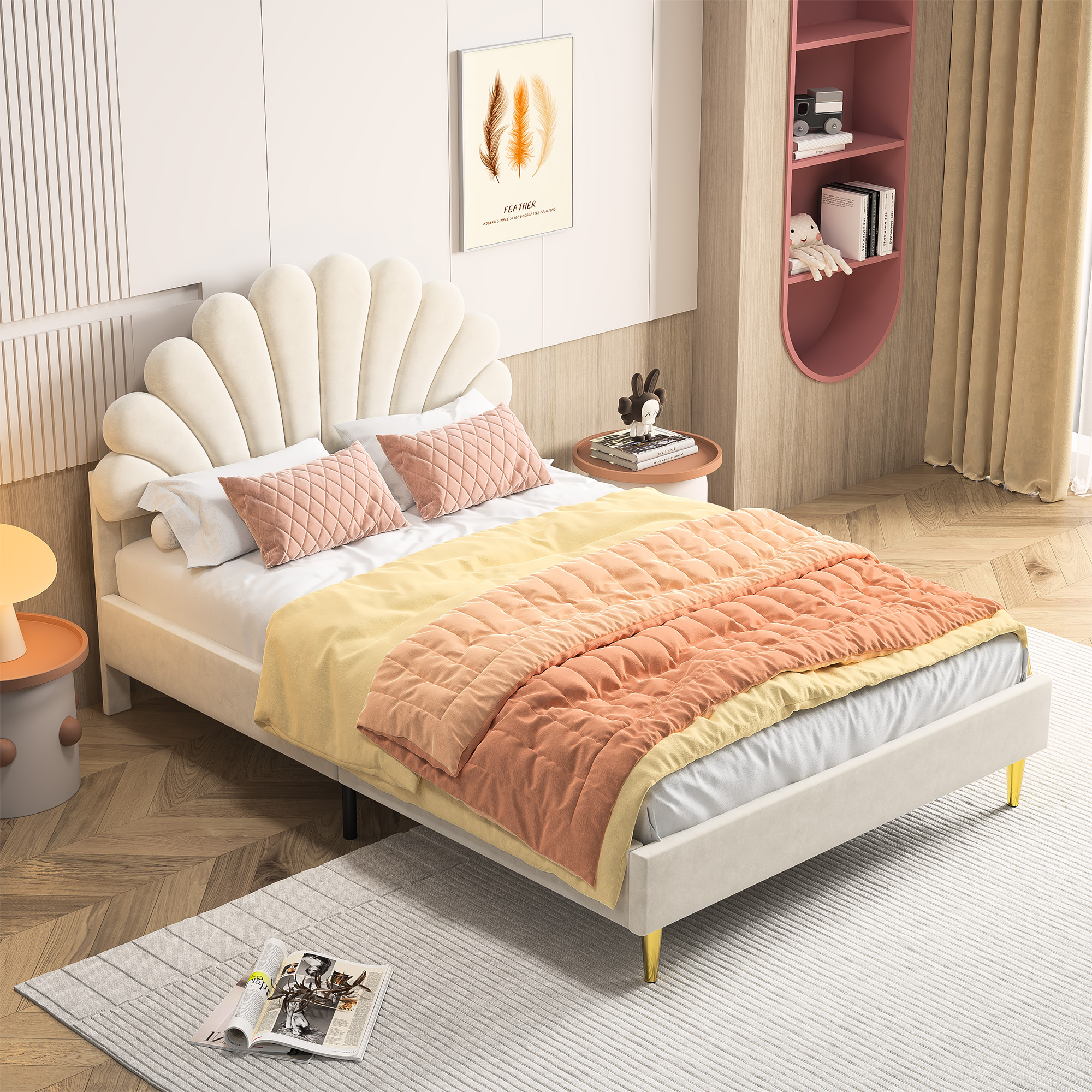 Cama de casal estofada 140 x 200 cm, estrutura de cama com cabeceira em forma de flor e estrutura de ripas - bege - Sem colchão