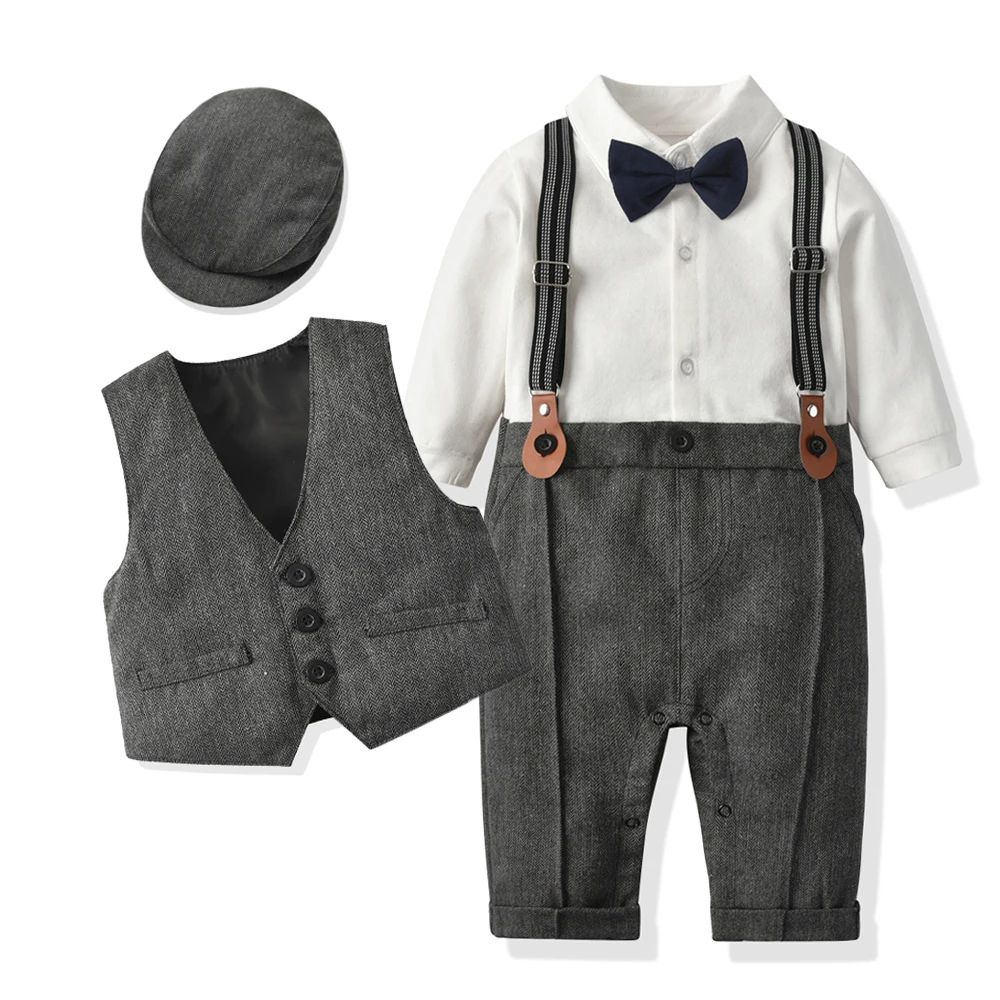 Conjunto de ropa Formal para niño recién nacido, pelele de cumpleaños para caballero, traje con sombrero, chaleco, mono infantil de manga larga, traje Formal