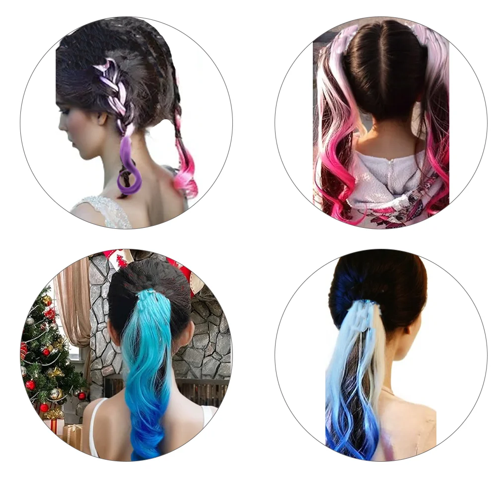 Extensiones de cabello de colores, extensiones de cabello de colores ligeros sintéticas de 14 "para niños, extensión de cola de caballo rizada con lazo elástico