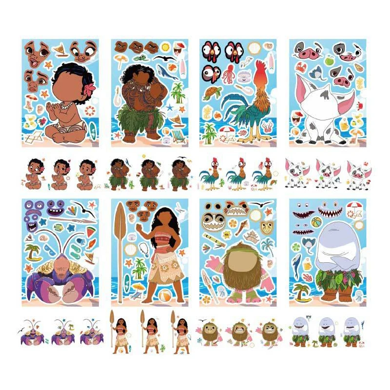 8/16 Blatt Disney Cartoon Moana DIY Make a Face Puzzle Aufkleber DIY Kinder Cartoon Lustige Montieren Puzzle Scrapbooking Aufkleber