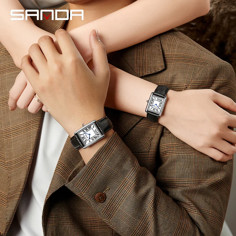 SANDA 1108 9031 Casal Relógio de Quartzo Simples Moda Pequeno Quadrado Prateado Relógio de Pulso com Pulseira de Couro Preto para Homens e Mulheres