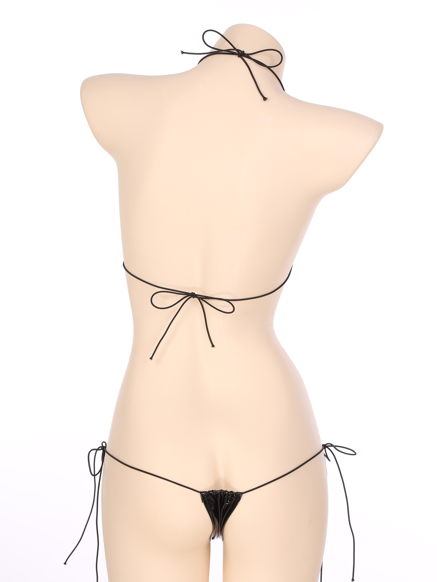 Ensemble Micro Bikini en cuir verni pour femmes, Look mouillé, Lingerie deux pièces, col licou, soutien-gorge à lacets avec string taille basse, boîte de nuit