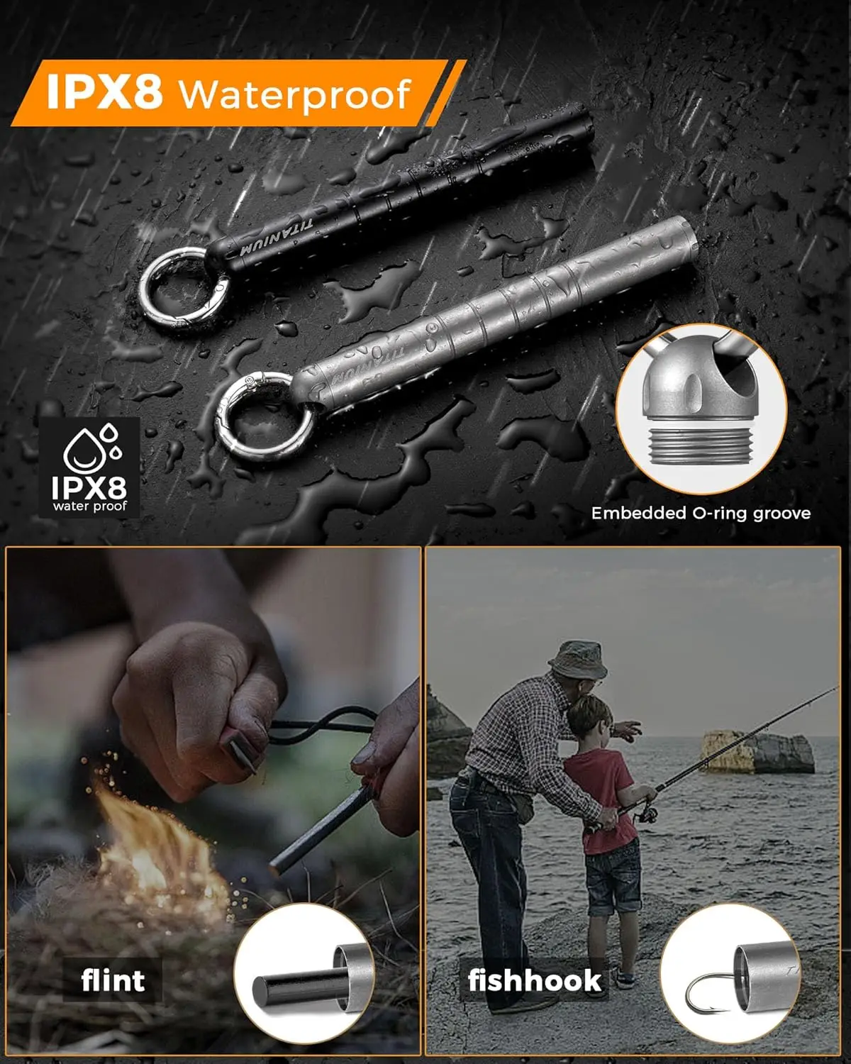 Tempat Pil TISUR dengan Tusuk Gigi, Tempat Pil Gantungan Kunci Titanium Pertahanan Diri Multi Fungsi EDC Dibawa Setiap Hari untuk Pria