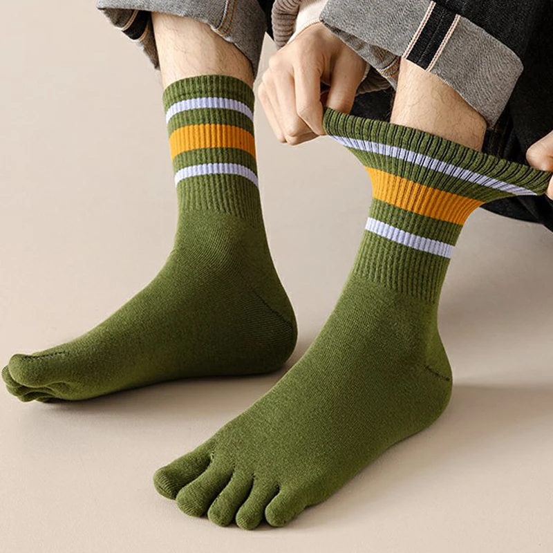 Calcetines de cinco dedos para hombre, calcetín medio informal cómodo de algodón antiolor con cinco dedos de corte bajo a rayas, calcetines deportivos de alta calidad