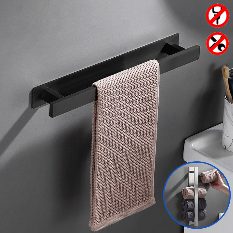 Soporte adhesivo para barra de toalla, estante negro de acero inoxidable 304, montado en la pared, para lavabo, cocina, baño, toallero, soporte para barra