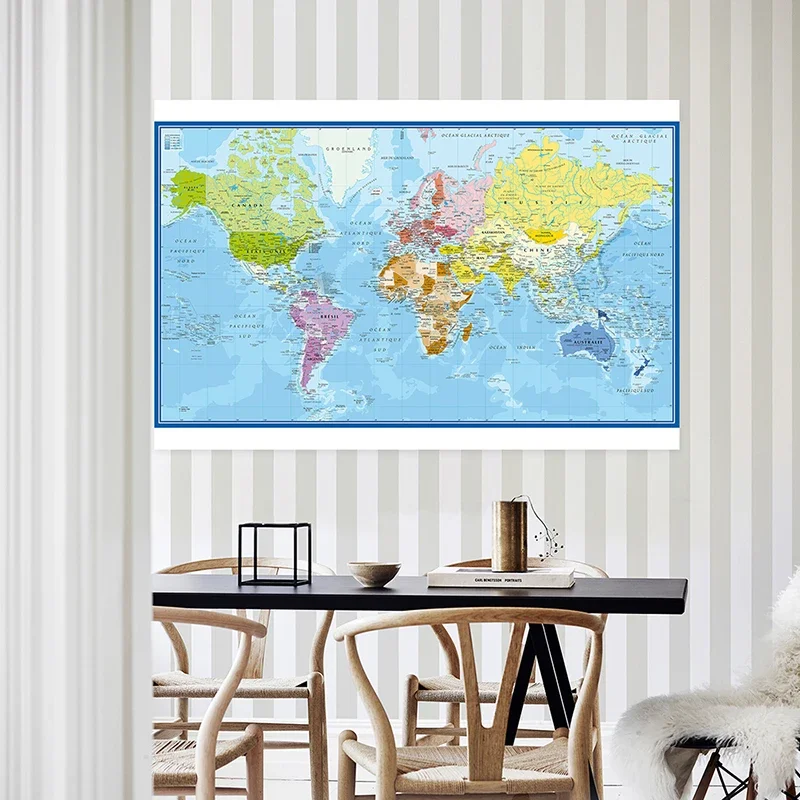 Carte Du Monde World Map Wall Poster in French Polyester Cloth Painting Office School Classroom Supplies Home Decoration