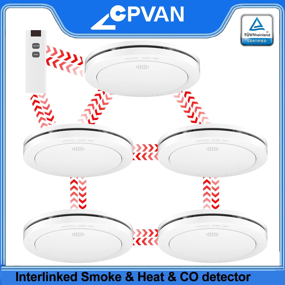 CPVAN เครื่องตรวจจับควันที่เชื่อมโยงกันและสัญญาณเตือนความร้อนและเครื่องตรวจจับสัญญาณเตือนคาร์บอนมอนอกไซด์ แบตเตอรี่ 10 ปีV Certified Wireless Fire Alarm