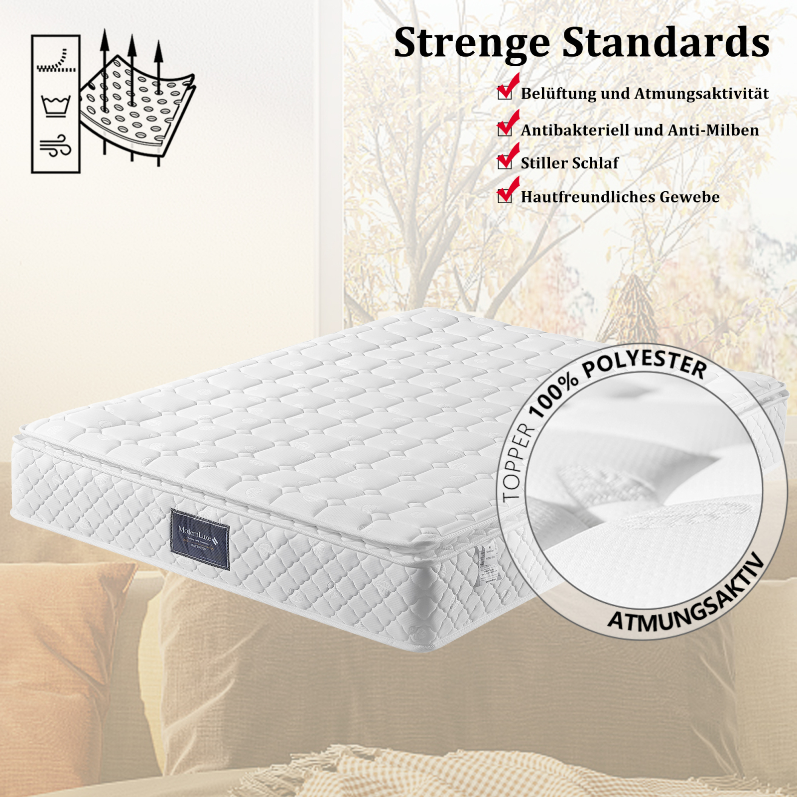 Anajqaqia Colchón de muelles de 160x200x25 cm, con dureza H3, certificación Oeko-Tex, funda acolchada de microfibra, comodidad premium para dormir