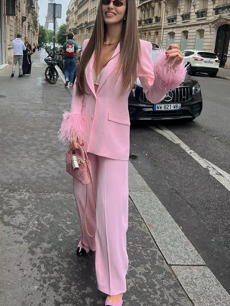 HH Conjuntos femininos moda rosa gola virada para baixo mangas compridas blazer de penas de peito único + calças compridas com zíper de bolso de cintura alta