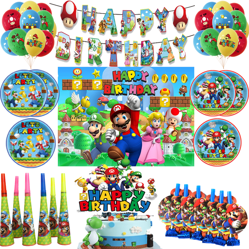 Super Marioed Bros-decoración para fiesta de cumpleaños, vajilla desechable, servilleta, mantel, telón de fondo, suministros de globos para Baby Shower