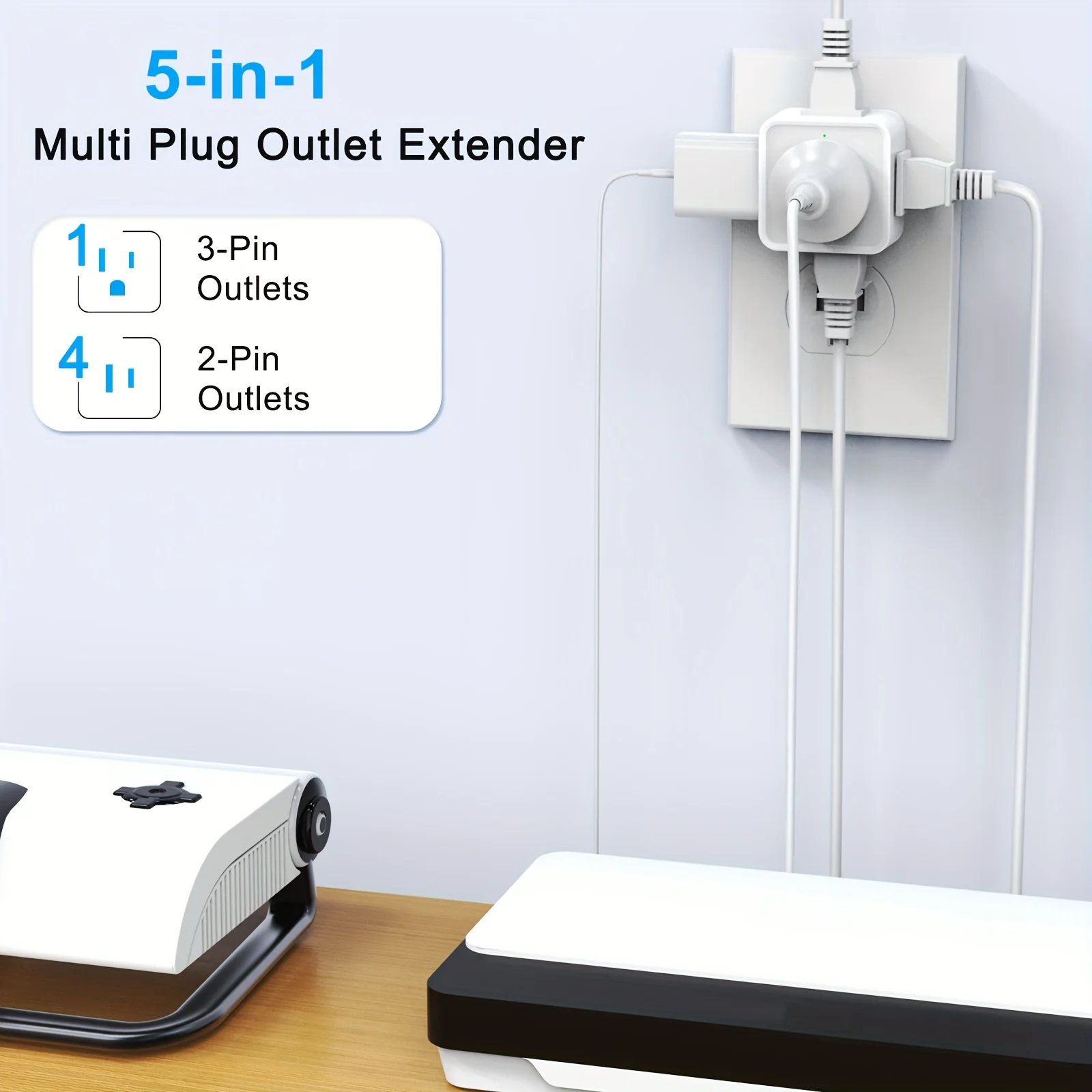 Extensor de salida de enchufe múltiple de 5 vías, expansor de toma de pared, divisor de toma de corriente pequeño para viajes, hogar, oficina, dormitorio