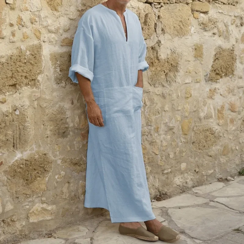 Novos homens jubba thobe kaftan muçulmano árabe islâmico com decote em v manga curta sólido algodão linho roupões muçulmano moda arábia homem abaya
