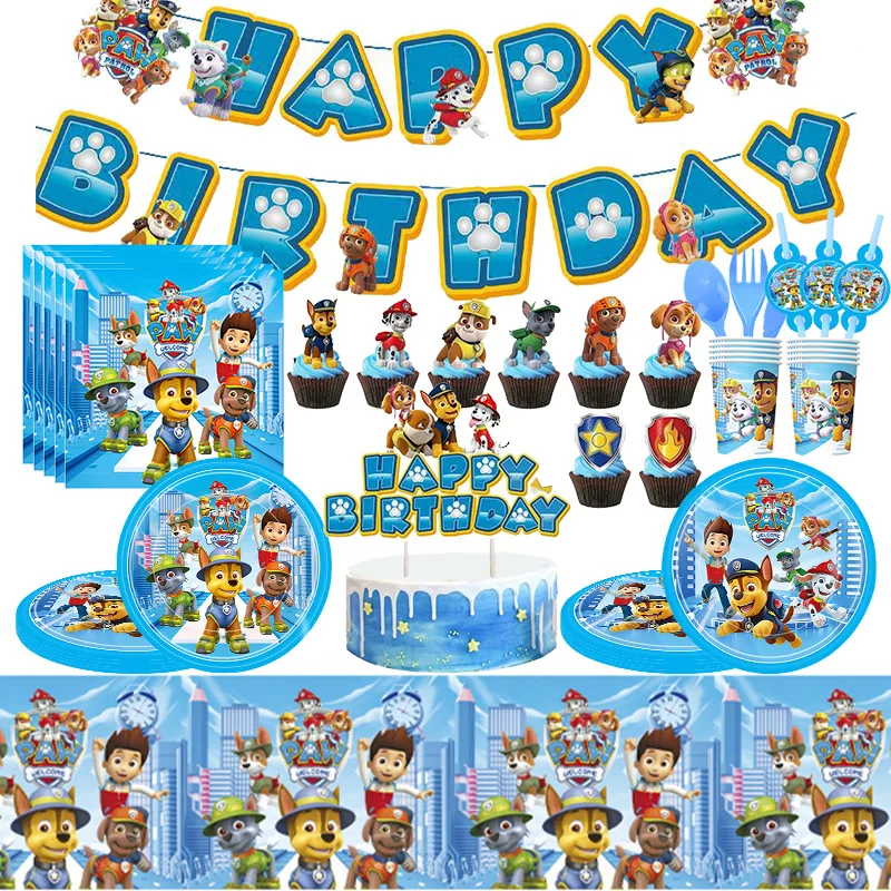 Decoración de cumpleaños de la Patrulla Canina, conjunto de suministros para fiestas, globos, platos de fondo, taza, pastel, pegatinas de la Patrulla Canina, favores de fiesta para niños