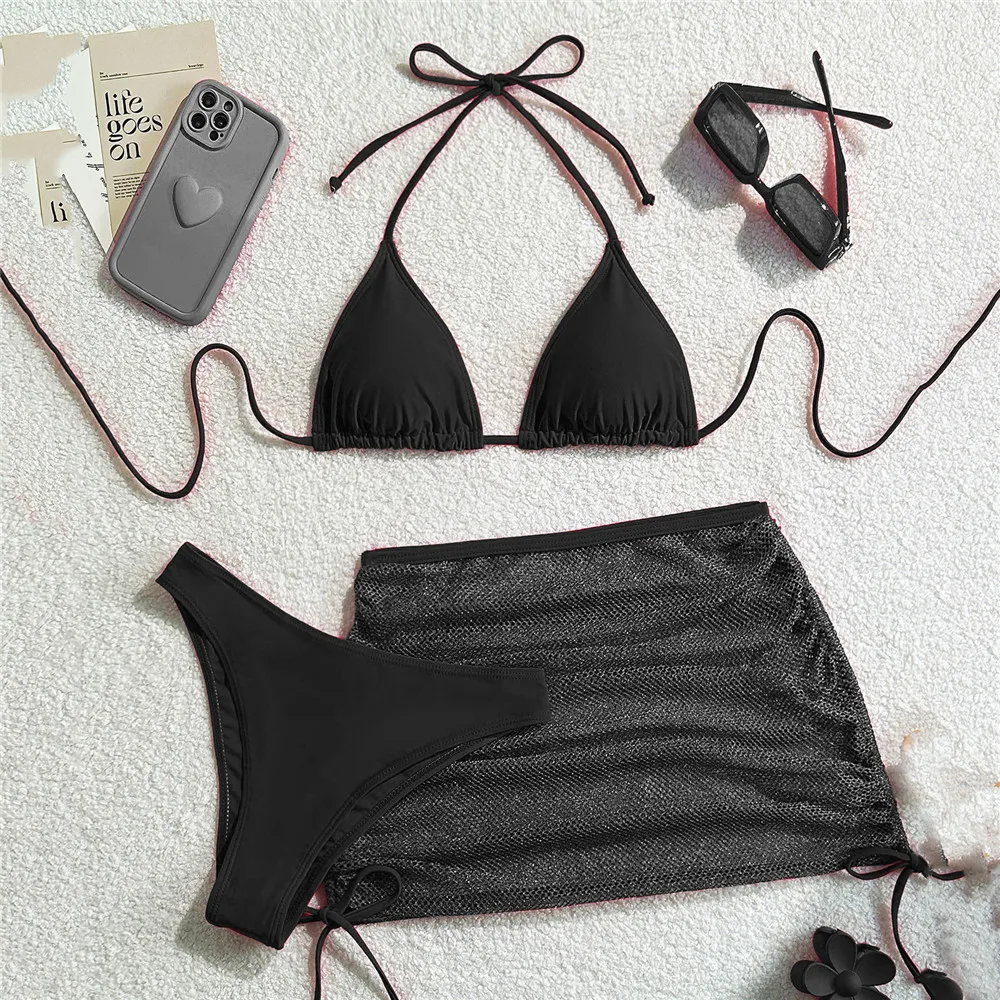 Solide marron maillots de bain String licou Triangle 3 pièces Bikini ensemble Sexy maillot de bain femmes 2025 maille jupes maillot de bain Bikinis Dames