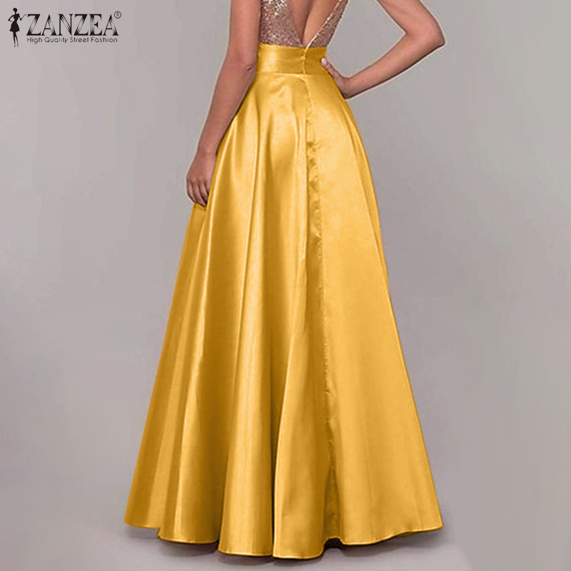 ZANZEA, faldas largas bohemias de seda satinada para mujer, vestido veraniego holgado elegante liso de algodón para mujer, vestidos informales de gran tamaño con cintura elástica