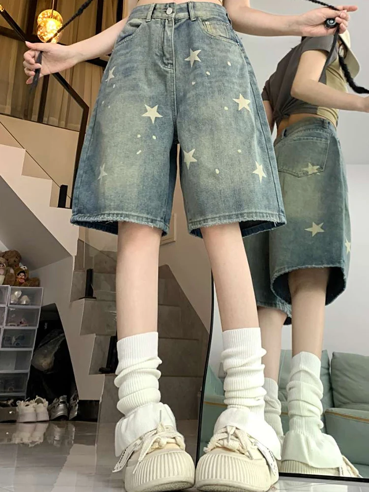 Vrouwen Hoge Taille Amerikaanse Retro Gewassen Wijde Pijpen Jeans Meisjes Straat Doen Oude Ster Losse Denim Broek Vrouwelijke Blauwe Knielengte Shorts