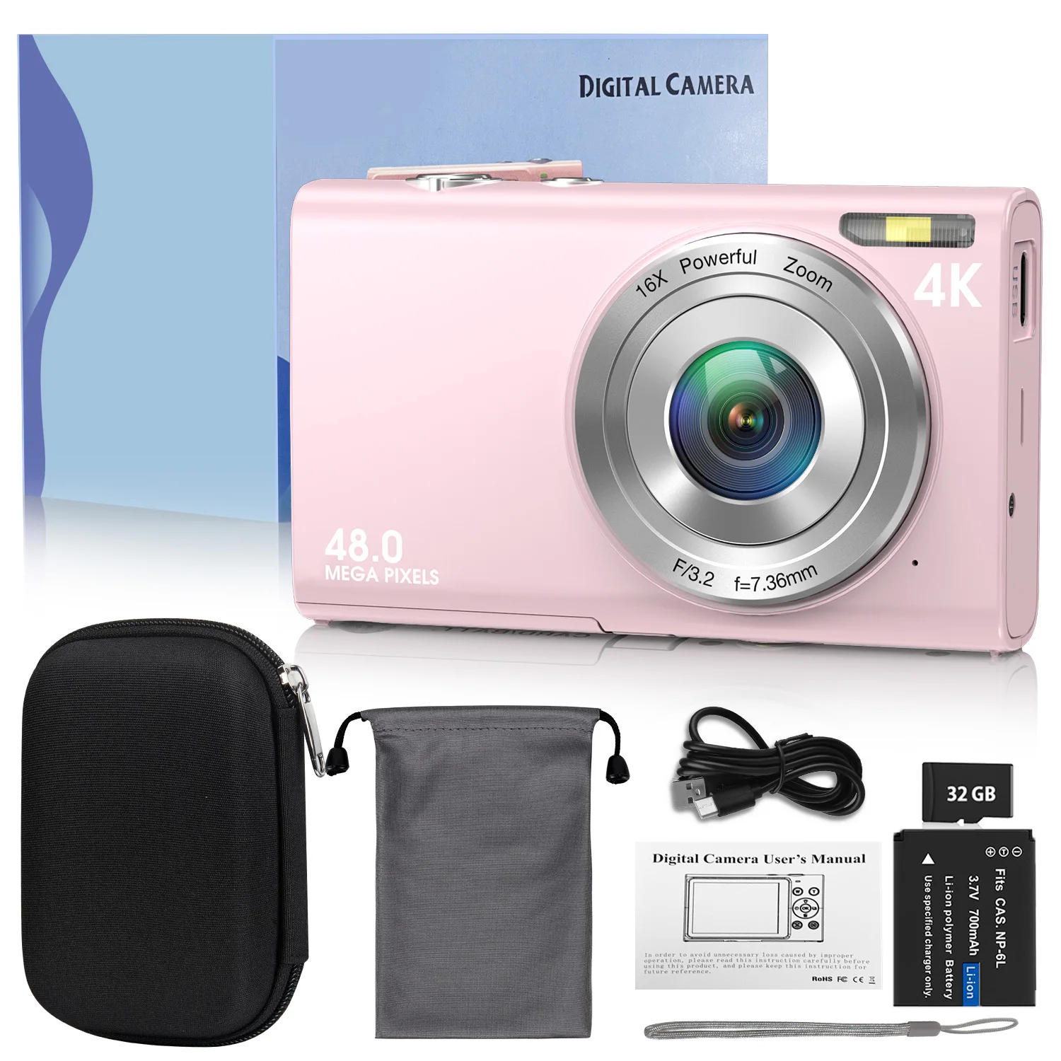 Cámara Digital 4K con enfoque automático, cámara Vlogging HD de 48MP con pantalla grande de 2,8 ", cámara de videocámara para fotografía para niños y adultos