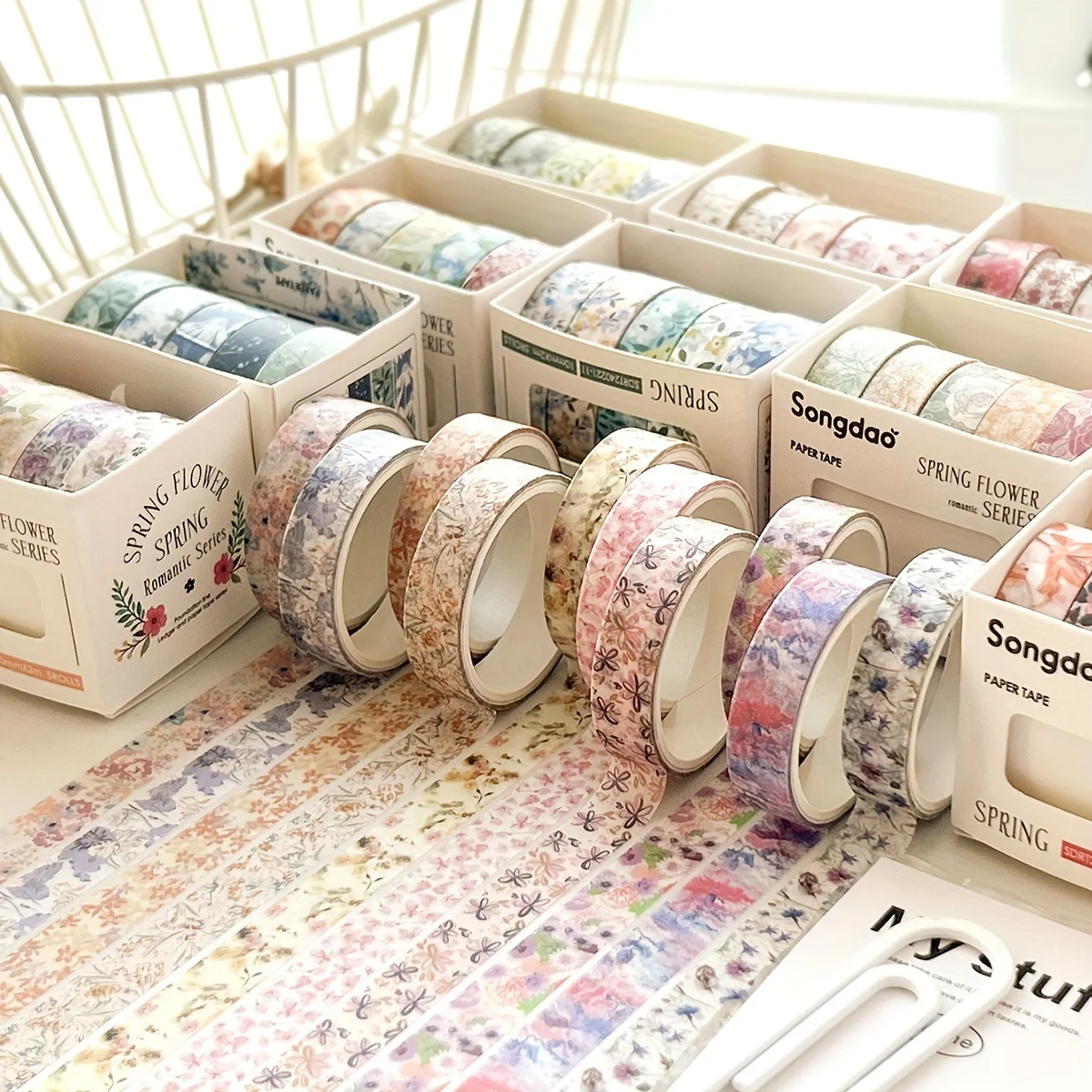 5 rotoli di nastro manuale con fiori romantici in scatola, simpatico nastro washi decorativo fresco fai-da-te per studenti, un regalo indispensabile per gli studenti