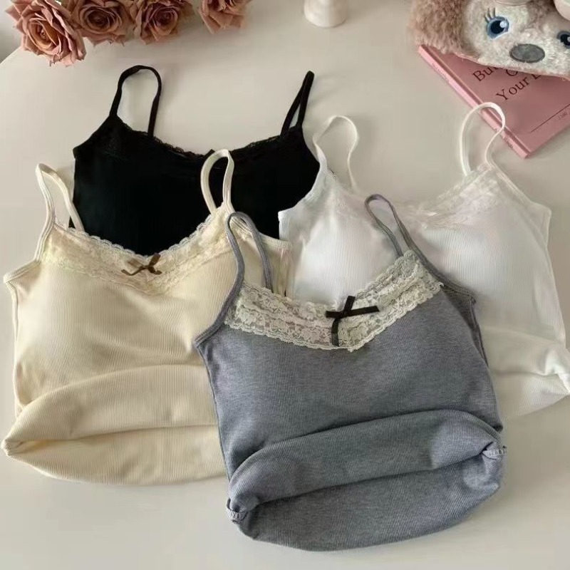 Damskie koszulki na ramiączkach Sexy Bow Sleeveless Corset Top z miseczkami na klatkę piersiową Sweet Lace Patchwork Crop Tops Summer Slim Elegant Camis