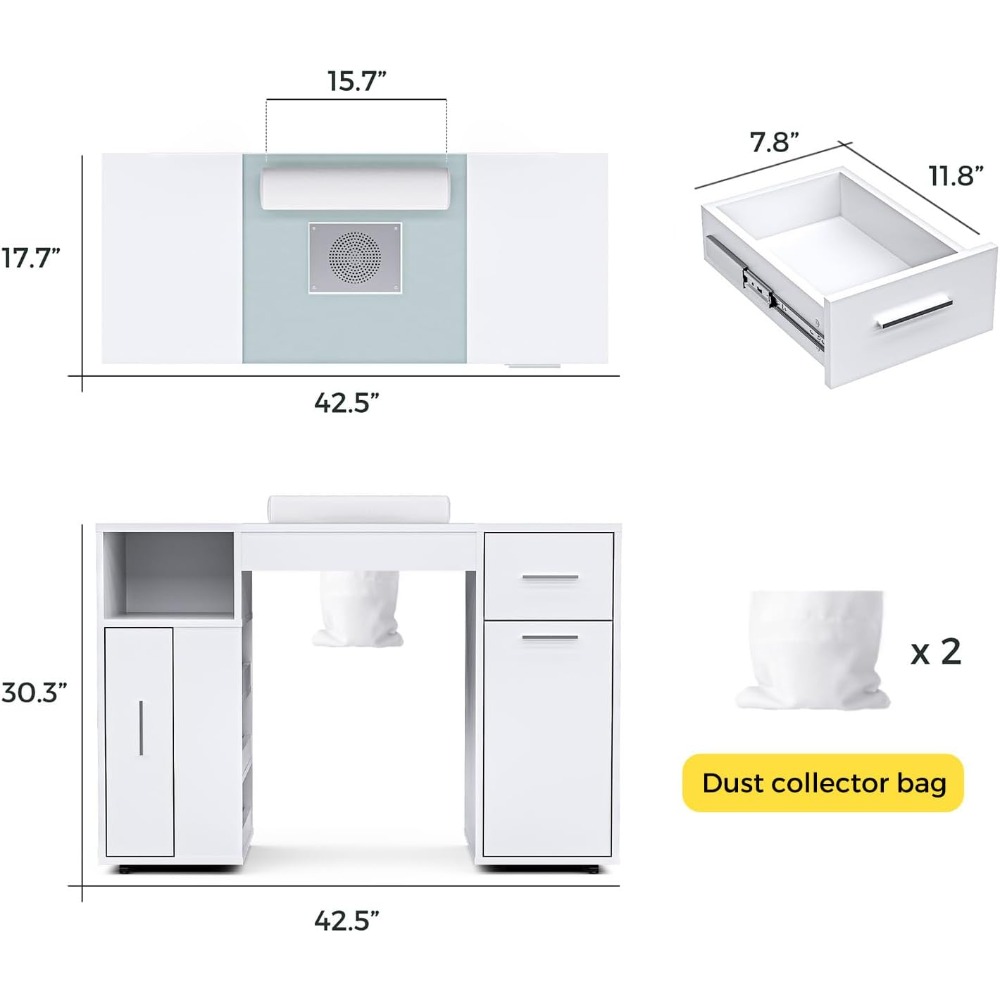 Nail Tables.Manicure Table Nail Desk for Nail Tech with Glass Top&Wrist Rest, Acetone Resistant  Table Station with2Dust Bag