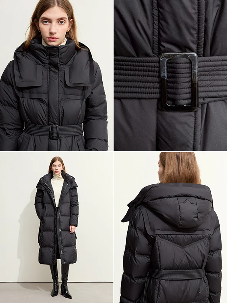 AMII-Abrigo acolchado de plumón minimalista para mujer, abrigo largo con capucha y cinturón, ligero y cálido, ropa de abrigo de moda para invierno, 2023, novedad de 12344187