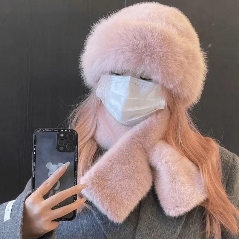 女性用のキツネの毛皮のスカーフと帽子のセット,厚くて暖かい,模造ミンク,屋外,首の保護,冬,モンゴル,2個