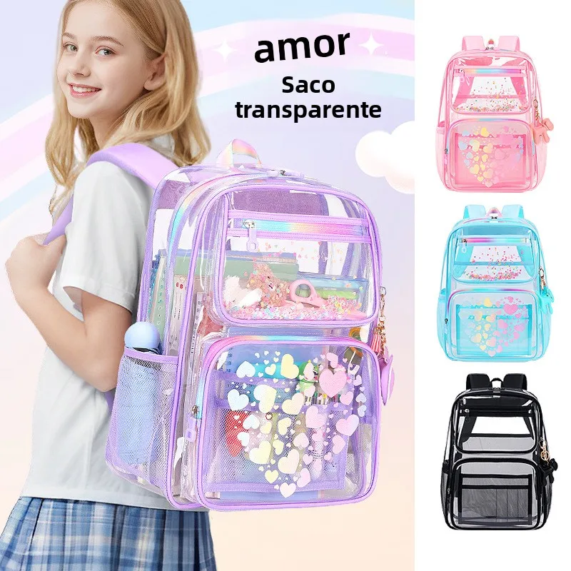 Mochila Transparente Estilosa com Estampa de Desenho Animado para Als do Ensino Fundamental e Médio, Mochila de Ombro Dupl...