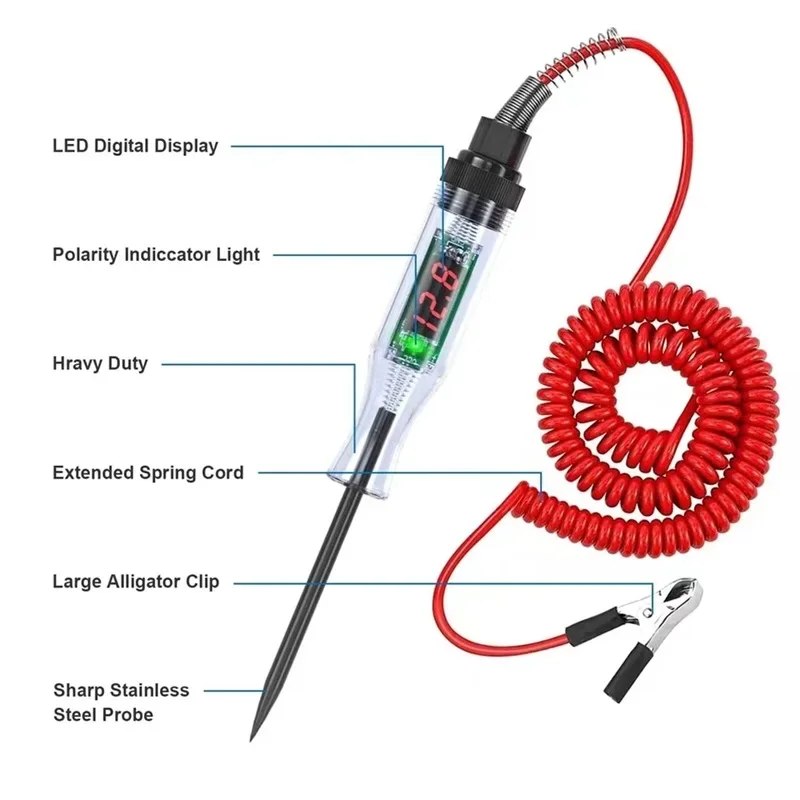 Probador de voltaje de circuito digital para automóviles y camiones 6V 12V 24V con pantalla LED Sonda de diagnóstico automático y herramienta de reparación de medición
