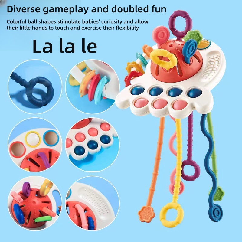 High Quality Soft Diy Stacking Building 3D Rubber Block Rings Pull String Block Baby Teething Toy Silicone Sensory Toys Set