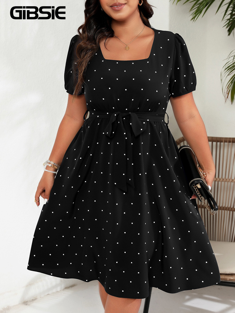 GIBSIE Plus Size Square Neck Polka Dot Gürtel Kleid Damen Elegante Retro Puffärmel Hohe Taille Sommer A-Linie Big Swing Kleider
