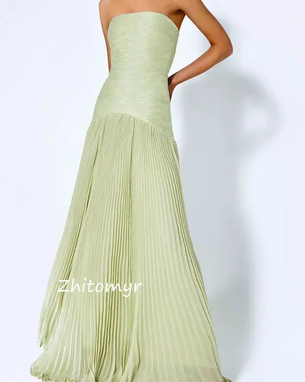 ที่กําหนดเอง Mesprit แฟชั่นคุณภาพสูง Strapls A-Line อย่างเป็นทางการโอกาสชุด Draped ความยาวชั้น Charmeuse