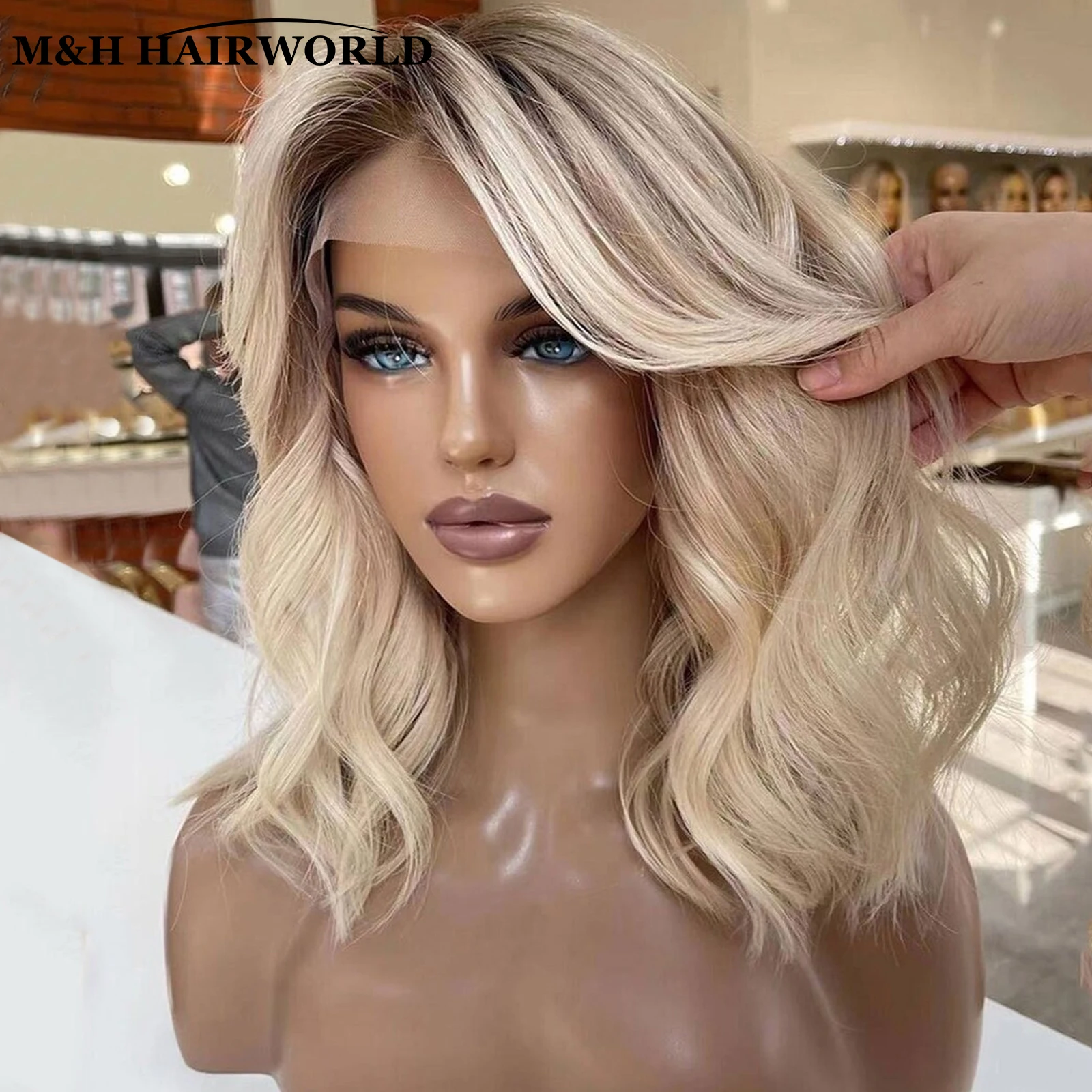 Peruca curta e ondulada para mulheres, loura cinza, destaques coloridos, cabelo sintético, peruca dianteira com renda, renda frontal 13x3