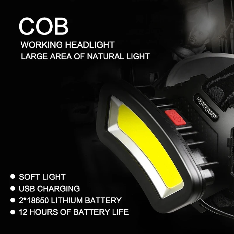 Powerful COB Headlamp USB Rechargeable Head Flashlight with Rear Red Warning Light Night Working Camping Fishing LED Headlight