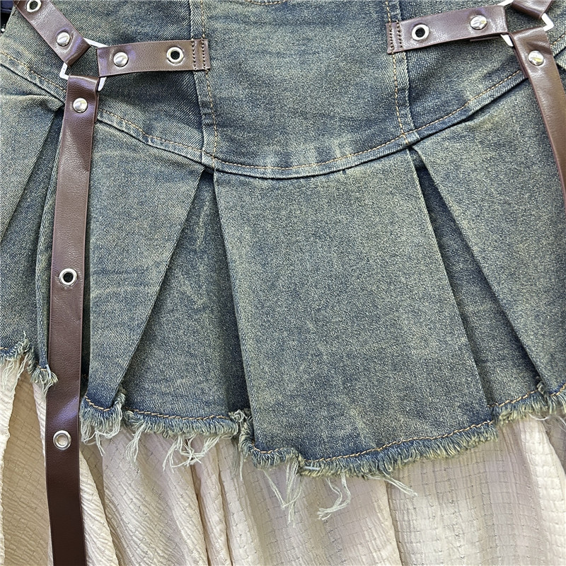 Falda plisada vaquera empalmada Retro para mujer, novedad de verano, temperamento, falda acampanada de cintura alta a la moda para chica caliente