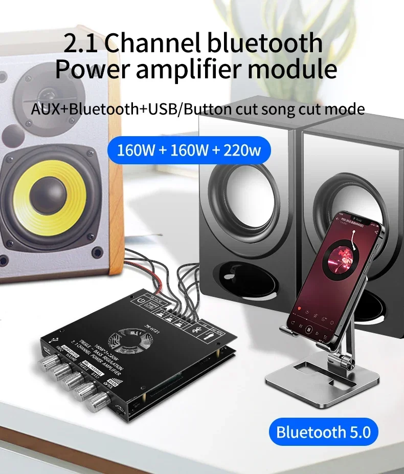 Módulo amplificador de potência digital Bluetooth 2.1 canais 160W + 220W TDA7498E subwoofer de tom alto e baixo