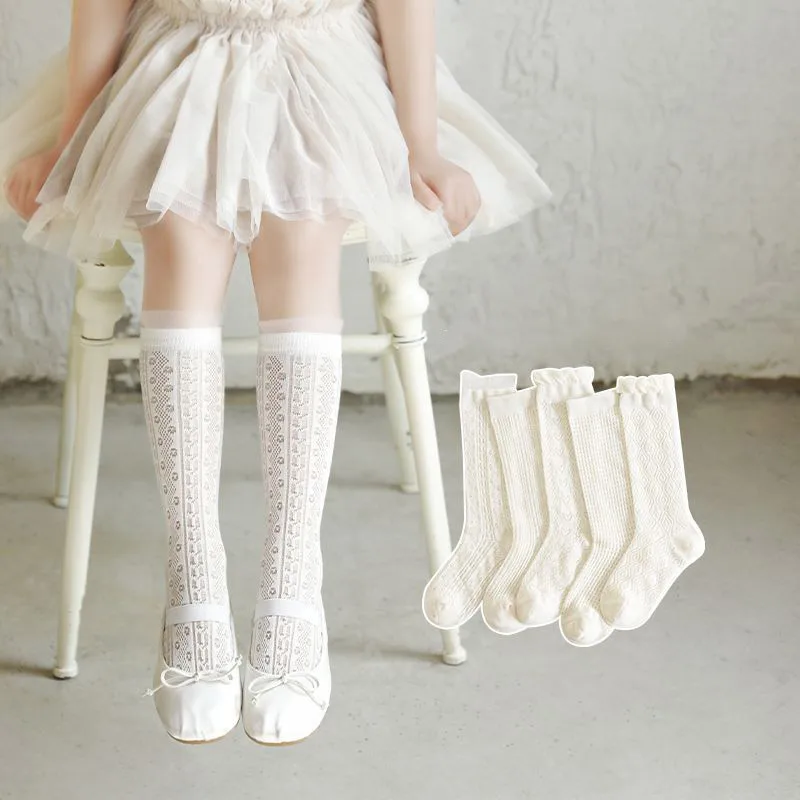 3 pares de medias con volantes de encaje blanco de princesa, calcetines de malla de verano para niñas, calcetines largos finos y transpirables para niños de 3 a 12 años, calcetines hasta la pantorrilla