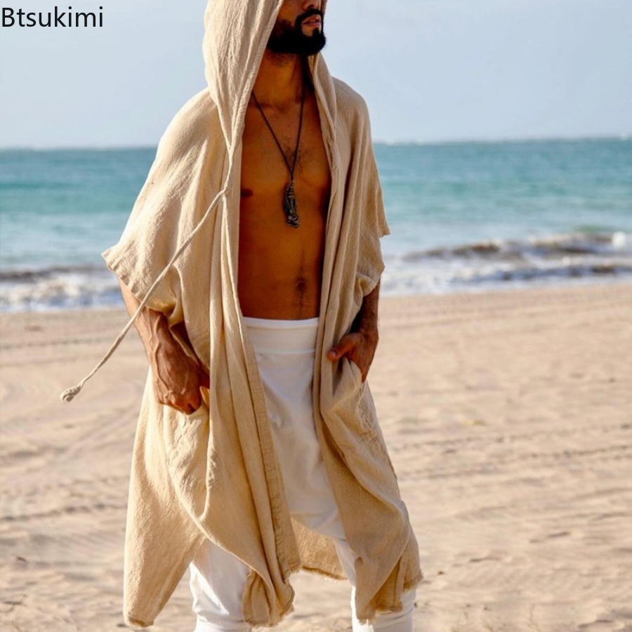 Novo verão masculino meados de comprimento cardigans solto casual roupas de proteção solar praia férias estilo xale casaco masculino longo com capuz capa