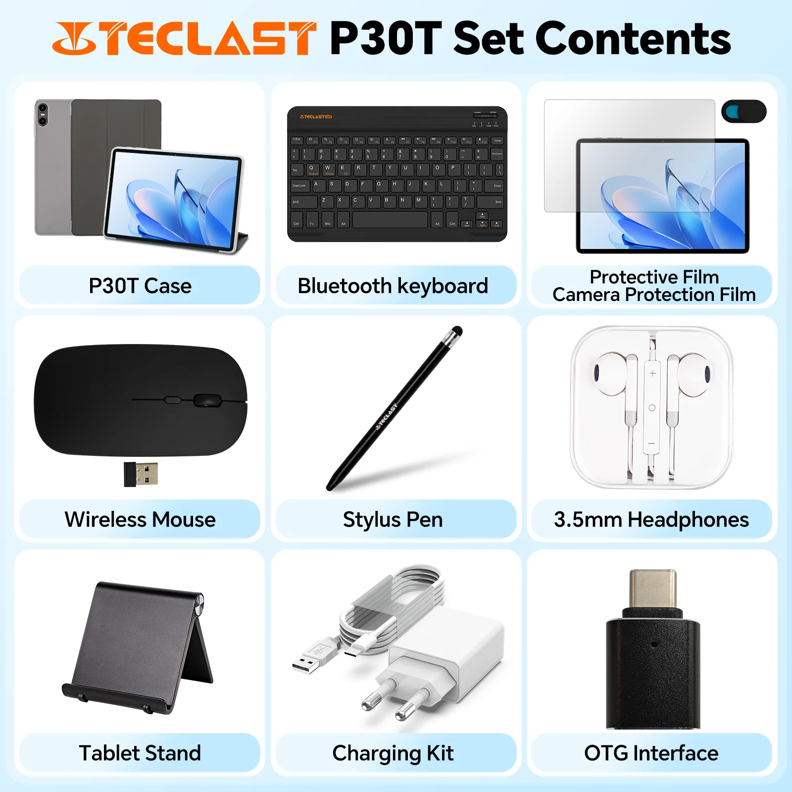 Teclast P30T Case 10" Tablet Android 15 Max 12GB RAM 128GB ROM T606 8-core All-in-one Keyboard/Case/Mouse/Stylus/Headphone/Stand