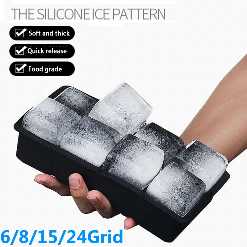 Bandeja de hielo grande con rejilla de 4/6/8/15, molde gigante Jumbo grande de silicona de calidad alimentaria, bandeja cuadrada para cubitos de hielo, molde DIY, bandeja para cubitos de hielo