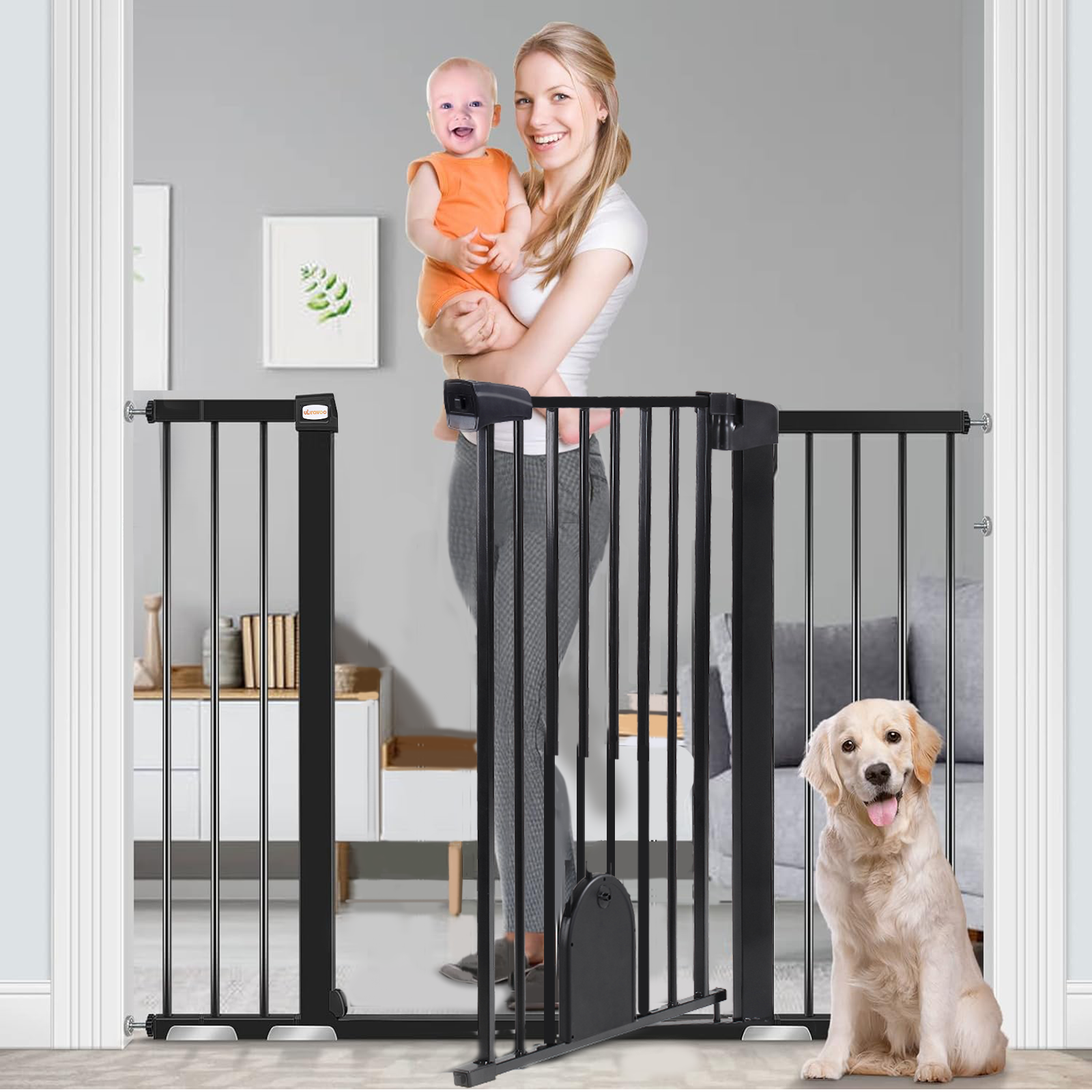 Puerta de seguridad interior extra ancha, puerta interior de cierre automático para niños/perros, puerta de bebé con cierre automático montada a presión para aberturas de puertas