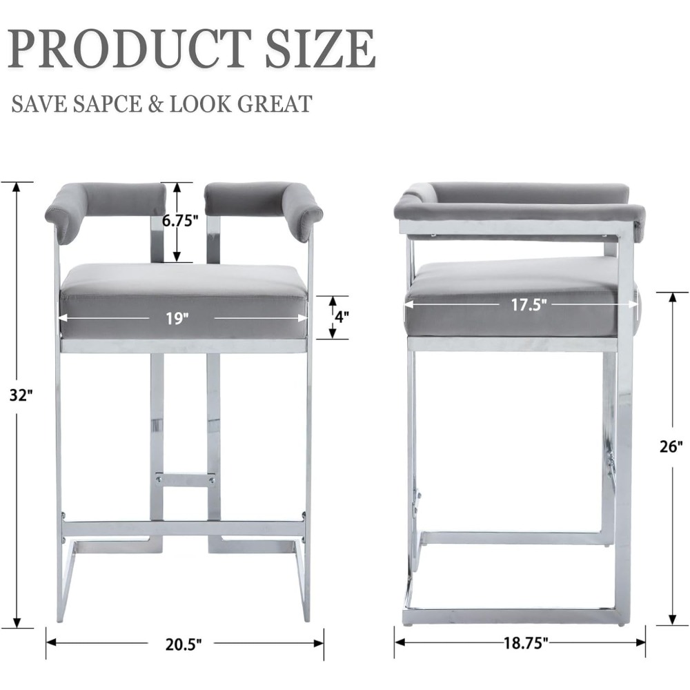 Modern Bar Stools, 26" Counter Height Stool with Finish Metal, Velvet Upholstered Kitchen Island Chair with Back