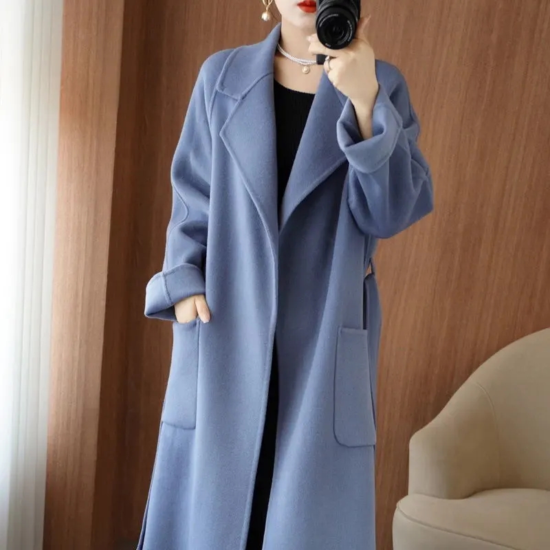 100% ウールコート婦人服 2024 秋冬ファッション気質両面カシミヤコートベルト付きエレガントなロングオーバーコート